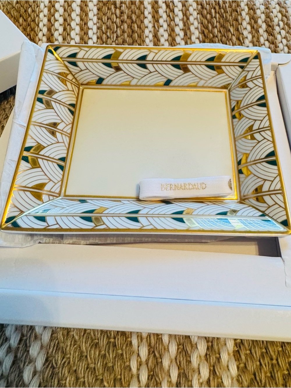 Bernardaud Porcelain Trinket Tray in White, Gold & Teal Pattern